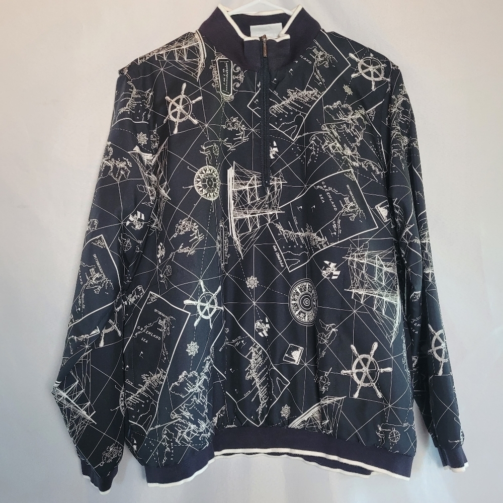 Liz Claiborne Liz Golf VTG Navy/ White Nautical Print 1/4 Zip Windbreaker Size M